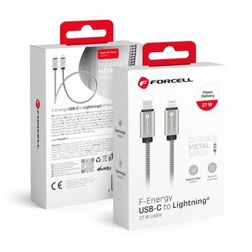 FORCELL kabel Typ C do iPhone Lightning 8-pin QC3.0 PD 27W Metal C238 1m srebrny
