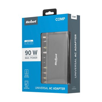 REBEL uniwersalny zasilacz sieciowy 90W 15-20V automatyczny z fukcją Power Delivery 12 końcówek czarny