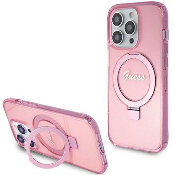 Oryginalne Etui GUESS Hardcase GUHMP15LHRSGSP do iPhone 15 Pro (Magsafe / Glitter Script Logo / Ring stand / różowy)