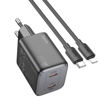 HOCO adowarka sieciowa 2 x Typ C + kabel Typ C do Lightning PD QC 45W GaN N42 czarna