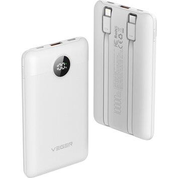 VEGER powerbank 10 000 mAh z wbudowanymi kablami Typ C / Lightning PD QC3.0 2A 22,5W C11C (W1170) biały