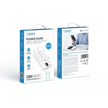 VEGER powerbank 10 000 mAh z wbudowanymi kablami Typ C / Lightning PD QC3.0 2A 22,5W C11C (W1170) biały