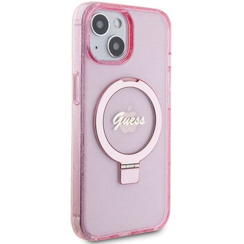 Oryginalne Etui GUESS Hardcase GUHMP15MHRSGSP do iPhone 15 Plus (Magsafe / Glitter Script Logo / Ring stand / różowy)