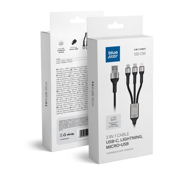 Kabel Blue Star z oplotem 3w1 ze zczami micro USB, USB C i Lightning 3A