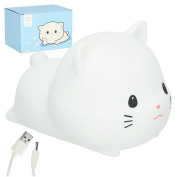 Lampka nocna dla dzieci silikonowa USB biała  kotek leżący